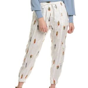 Biya Johnny Was Linen Cadek Jogger Embroidered Feather Pants Boho Gypsy XS
